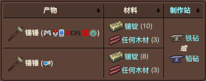 泰拉瑞亚原版百科泰拉瑞亚锡锤怎么获得怎么合成  锡锤可以做什么配图